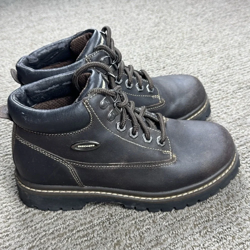 VTG Skechers Womens 7.5 Chunky Ankle Boot Lug Work Leather Brown Punk Y2K 90s
